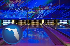 florida map icon and a bowling alley with an abstract wall mural