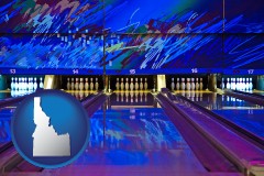 idaho map icon and a bowling alley with an abstract wall mural