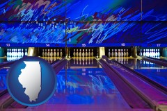 illinois map icon and a bowling alley with an abstract wall mural