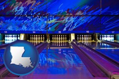 louisiana map icon and a bowling alley with an abstract wall mural
