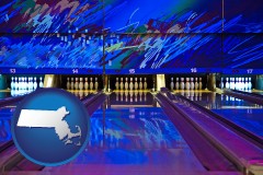 massachusetts map icon and a bowling alley with an abstract wall mural