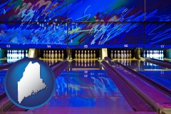 maine map icon and a bowling alley with an abstract wall mural