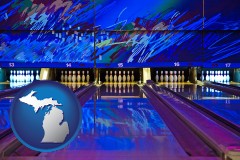 michigan map icon and a bowling alley with an abstract wall mural