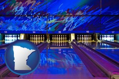 minnesota map icon and a bowling alley with an abstract wall mural
