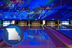 missouri map icon and a bowling alley with an abstract wall mural