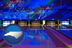 north-carolina map icon and a bowling alley with an abstract wall mural