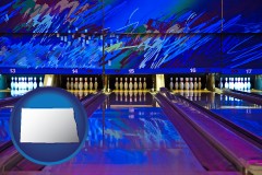 north-dakota map icon and a bowling alley with an abstract wall mural