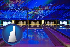 new-hampshire map icon and a bowling alley with an abstract wall mural