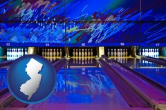 new-jersey map icon and a bowling alley with an abstract wall mural