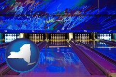 new-york map icon and a bowling alley with an abstract wall mural