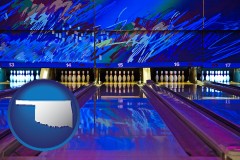 oklahoma map icon and a bowling alley with an abstract wall mural