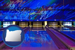 oregon map icon and a bowling alley with an abstract wall mural