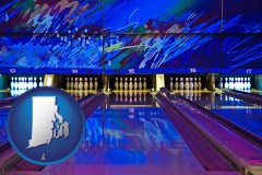 rhode-island map icon and a bowling alley with an abstract wall mural