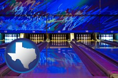 texas map icon and a bowling alley with an abstract wall mural