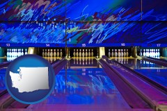 washington map icon and a bowling alley with an abstract wall mural