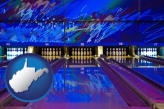 west-virginia map icon and a bowling alley with an abstract wall mural