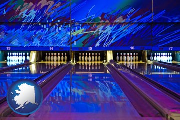 a bowling alley with an abstract wall mural - with Alaska icon