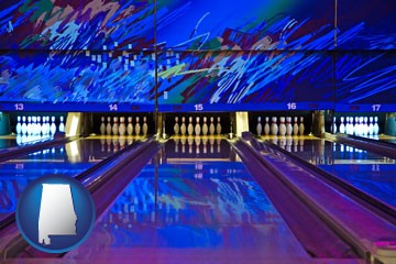 a bowling alley with an abstract wall mural - with Alabama icon