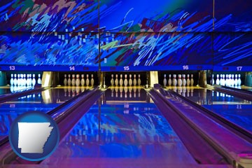 a bowling alley with an abstract wall mural - with Arkansas icon