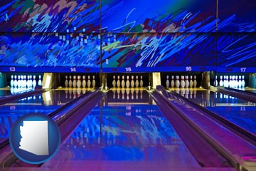 a bowling alley with an abstract wall mural - with Arizona icon