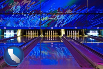 a bowling alley with an abstract wall mural - with California icon
