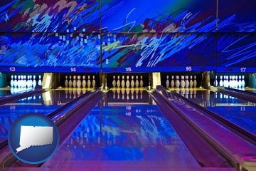 a bowling alley with an abstract wall mural - with Connecticut icon
