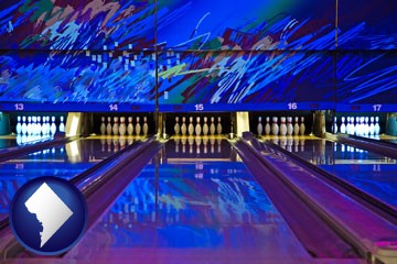 a bowling alley with an abstract wall mural - with Washington, DC icon