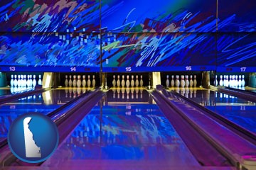 a bowling alley with an abstract wall mural - with Delaware icon