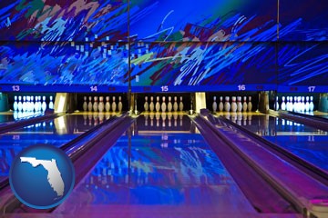 a bowling alley with an abstract wall mural - with Florida icon