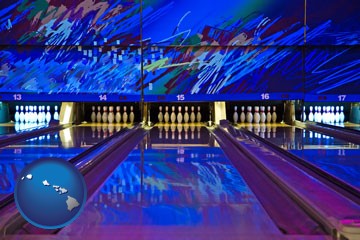 a bowling alley with an abstract wall mural - with Hawaii icon