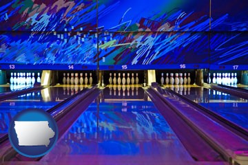 a bowling alley with an abstract wall mural - with Iowa icon