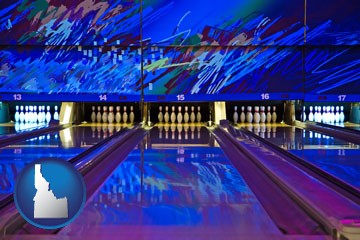 a bowling alley with an abstract wall mural - with Idaho icon