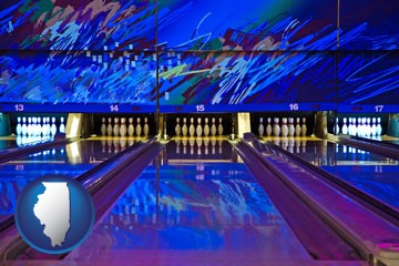 a bowling alley with an abstract wall mural - with Illinois icon