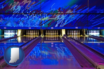 a bowling alley with an abstract wall mural - with Indiana icon