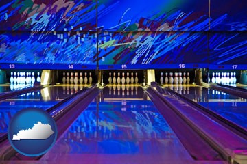 a bowling alley with an abstract wall mural - with Kentucky icon