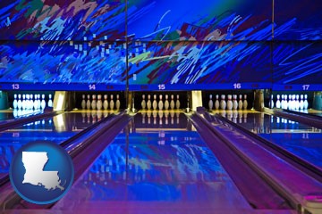 a bowling alley with an abstract wall mural - with Louisiana icon