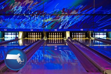 a bowling alley with an abstract wall mural - with Massachusetts icon
