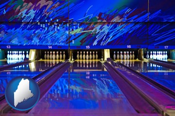a bowling alley with an abstract wall mural - with Maine icon