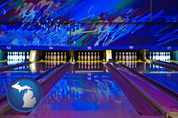 a bowling alley with an abstract wall mural - with Michigan icon