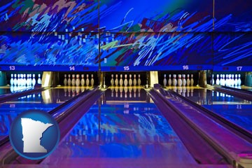a bowling alley with an abstract wall mural - with Minnesota icon