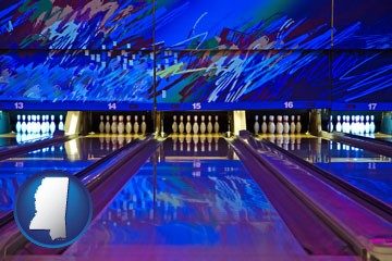 a bowling alley with an abstract wall mural - with Mississippi icon
