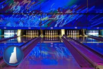 a bowling alley with an abstract wall mural - with New Hampshire icon