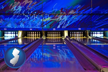 a bowling alley with an abstract wall mural - with New Jersey icon
