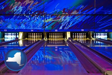 a bowling alley with an abstract wall mural - with New York icon