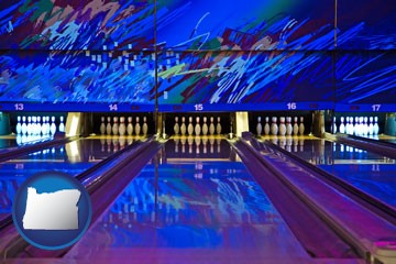 a bowling alley with an abstract wall mural - with Oregon icon