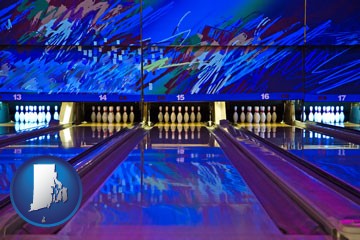a bowling alley with an abstract wall mural - with Rhode Island icon