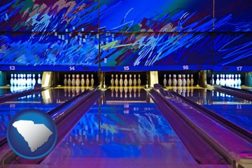 a bowling alley with an abstract wall mural - with South Carolina icon