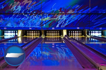 a bowling alley with an abstract wall mural - with Tennessee icon