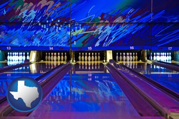 a bowling alley with an abstract wall mural - with Texas icon