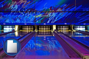 a bowling alley with an abstract wall mural - with Utah icon